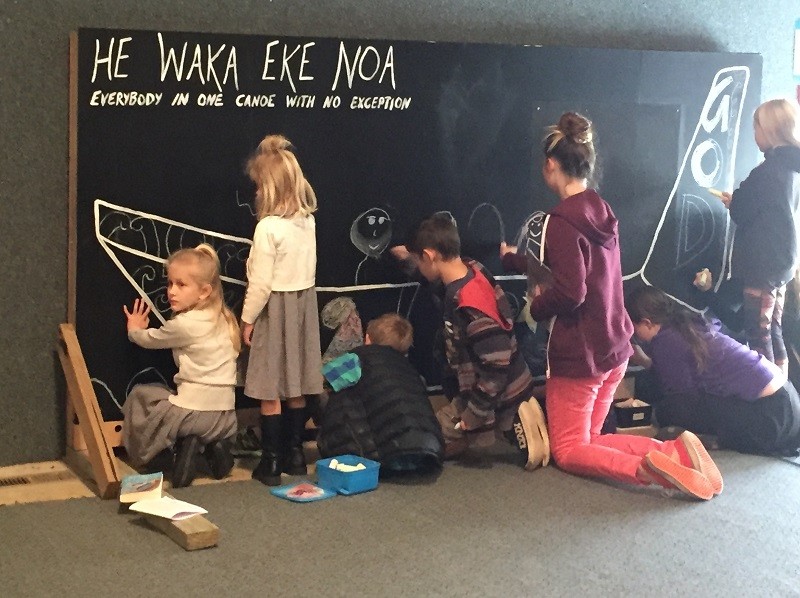 children drawing a waka