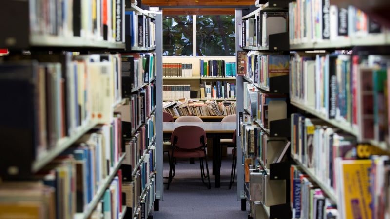 Shelves of books in the Carey Library