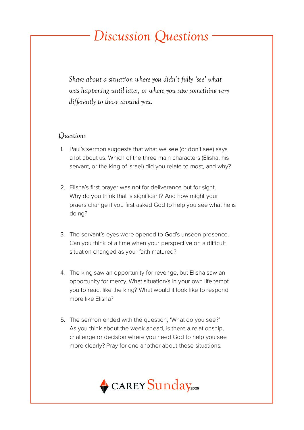 CareySunday 2026 Discussion Questions